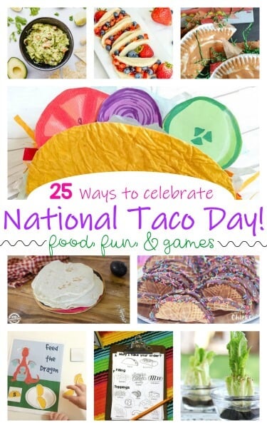 25 Fun Ways to Celebrate National Taco Day on October 4th - lots of clever taco crafts, taco recipes and more that make a perfect fun holidays, kids activities for toddler, family, preschool, kindergarten, 1st grade #nationaltacoday #tacoday #homeschool4me #funholidays #kidsactivities #preschool #kindergarten national-taco-day-recipes-activities