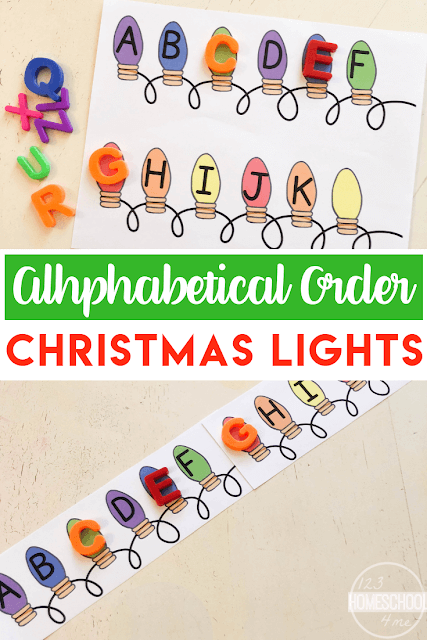 FREE Alphabetical Order Christmas Lights - this is such a fun, hands on alphabetizing activity for preschool, prek, and kindergarten age children with a fun Christmas theme! #alphabeticalorder #alphabetizing #preschool #pre #kindergarten #freeprintable #christmaseducationalactivity #123homeschool4me FREE-Alphabetical-Order-Christmas-Lights