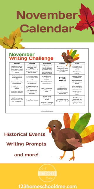 Help inspire kids with fun ideas to keep writing all month with this November writing prompts calendar. This free printable creative writing prompts calendar is perfect for kindergarten, first grade, 2nd graders, 3rd graders, and 4th graders. This month you can fill each day with a famous birthday, fun fact, or historical even all tied to a writing prompt with this Free November Calendar.