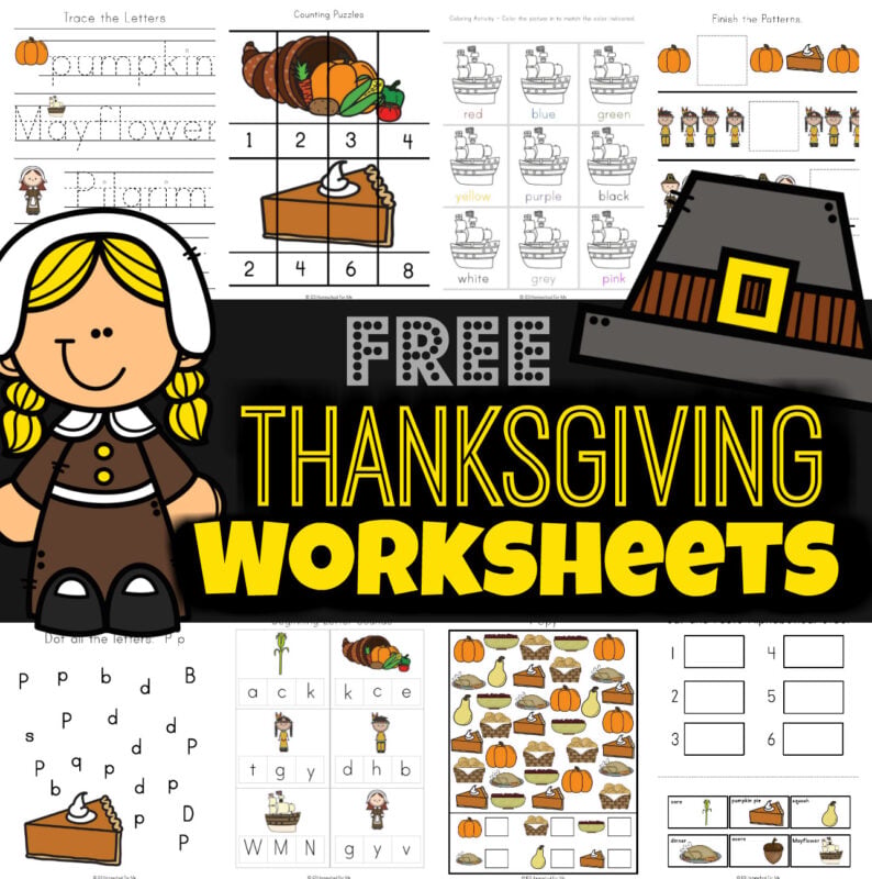 Have fun practicing math and literacy skills with 80+ pages of free printable Thanksgiving worksheets filled with super cute clipart and educational activities for Prek / K / 1st