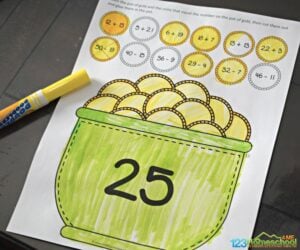 Get 1st and 2nd grade students excited about math this free printable St. Patrick's Day math craft focusing on addition and subtraction to fill a leprechaun's pot of gold!
