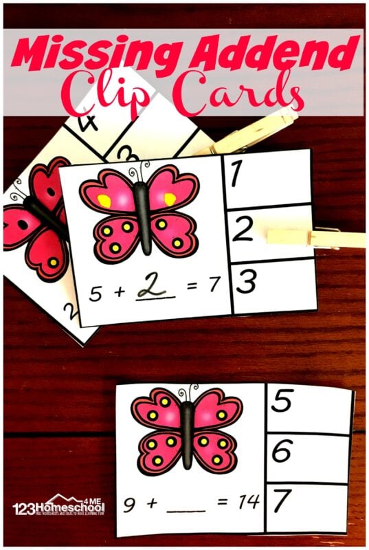 FREE Butterfly Missing Addend - these free printable math clip cards are a fun addition practice activity for kindergarten and first grade kids. #mathgames #addition #kindergarten