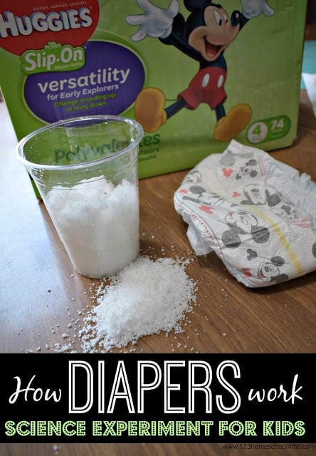 How Diapers Work - Science Experiment for Kids - this is such an interesting, practical science experiment that families will enjoy trying together. Great for helping kids to be curious and ask questions about how things around them work. (Summer science, science camp, homeschool, preschool, kindergarten, first grade, 2nd grade, 3rd grade, 4th grade, 5th grade 6th grade, science, science fair)