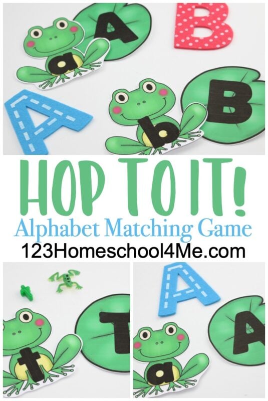 FREE Hop to It Alphabet Matching Game - this is such a fun spring or summer themed abc game for preschool, pre-k, and kindergarten age kids to practice letter matching #preschool #kindergarten #alphabet