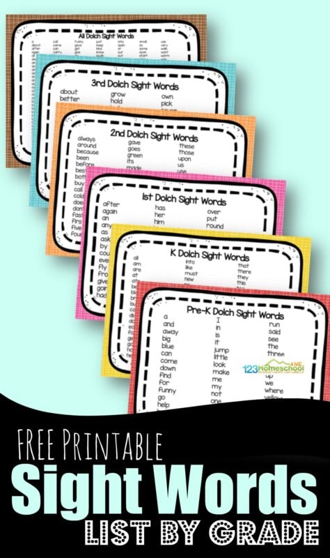 FREE Printable Sight Words List - handy list of dolch words by grade to learn pre k, kindergarten, first grade, 2nd grade, and 3rd grade words. Plus free games and worksheets to make learning these common words FUN! #sightwords #dolchwords #printable