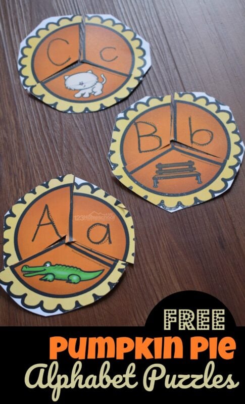 FREE Pumpkin Pie Alphabet Puzzles - super cute free printable alphabet activity to practice tracing upper and lowercase letters as well as matching letters and the sounds they make #kindergarten #pumpkin #alphabet