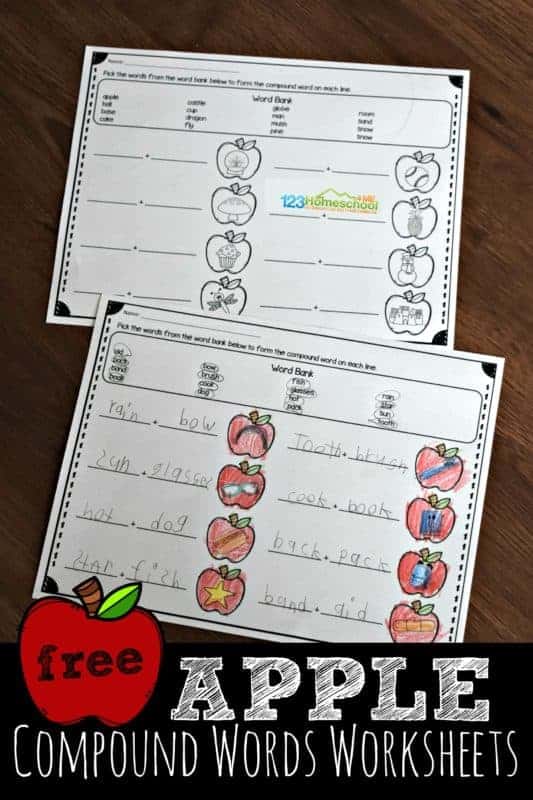 These super cute and free compound words worksheet have a fun apple theme. This is such a great compound words for kids activity for first grade and 2nd grade students. Simply download and print pdf file with free worksheets and have fun combining words to make compound words. 