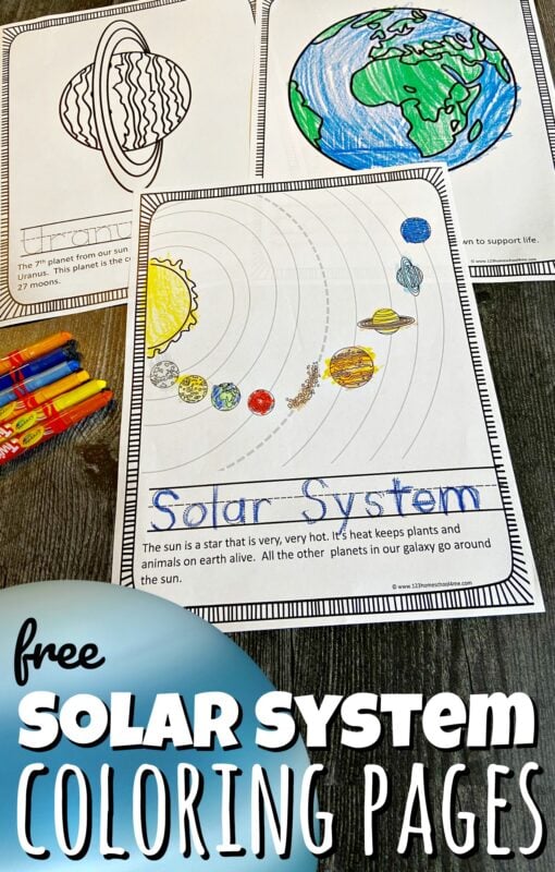 Learn about the solar system for kids with these super cute, solar system coloring pages.  These planet coloring pages are a fun way for toddler, preschool, pre-k, kindergarten, first grade, 2nd grade, 3rd grade, 4th grade, 5th grade, and 6th graders to learn about planets for kids. These solar system colouring pages include the object, key word to trace, and information too. There are over 15 different pages in this free printable solar system coloring pages pack to learn about Sun, Mercury, Venus, Earth, the Moon, Mars, Jupiter, Saturn, Uranus, Neptune, Asteroid Belt, Pluto, and the Milky Way Galaxy. Simply print the planets coloring pages pdf file and you are ready for a no-prep solar system activity for kids. 