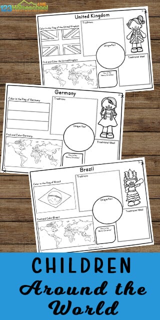 Kids will have fun learning about other children around the world including other countries, cultures, and more with these super cute, free printable Around the World Worksheets. This huge pack of around the world worksheet contains cute clipart and boxes, pictures and prompts for kindergarten, first graders, 2nd graders, 3rd graders 4th graders, 5th graders, and 6th graders to learn about other countries around the world. Each page includes a cute kid clipart to color, country flag to colour, map, and several writing prompts. Simply print the around the world printables and yo uare ready to head to foreign countries.