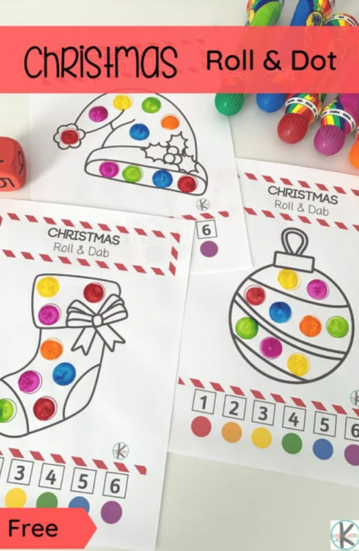 These super cute, free printable Christmas worksheets are a fun way for toddler, preschool, pre-k, and kindergarten age students to work on number recognition and color recognition! These Christmas Roll and Dot Christmas worksheets for preschoolers use bingo markers for an educational do a dot printables to celebrate the holiday season in December.