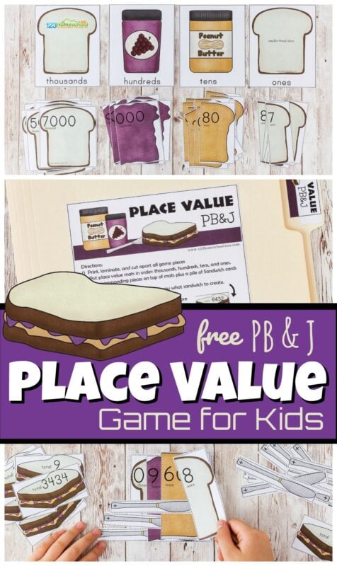 Build a Peanut Butter & Jelly Sandwich in this fun, hands-on place value activities. In these place value games children will practice buiding numbers with the ones, tens, hundreds, and thousands place value. Add this cute place value math games to your upcoming place value lessons  for a free math printable3rd grade, 4th grade, and 5th grade students will be excited to play. Simply print pdf file with place value game printable and you are ready to have fun with this place value activity!