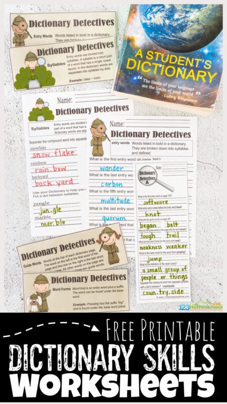 Make learning to use a dictionary FUN with dictionary detective! These dictionary skills worksheet allow kids to become detectives and solve the clues using a dictionary. These dictionary detective worksheet are perfect for grade 2, grade 3, grade 4, grade 5, and grade 6 students. Simply print dictionary worksheets pdf file to learn about entry words, syllables, guide words, word forms, definitions, practice using a dictionary and more.