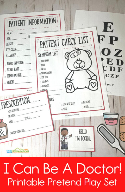 Kids will feel official and play for hours when you add these super CUTE (and free) Doctor Pretend Play Printables to their pretend play! 8-page set to encourage creativity in toddlers, preschoolers, prek, kindergartners, and grade 1.