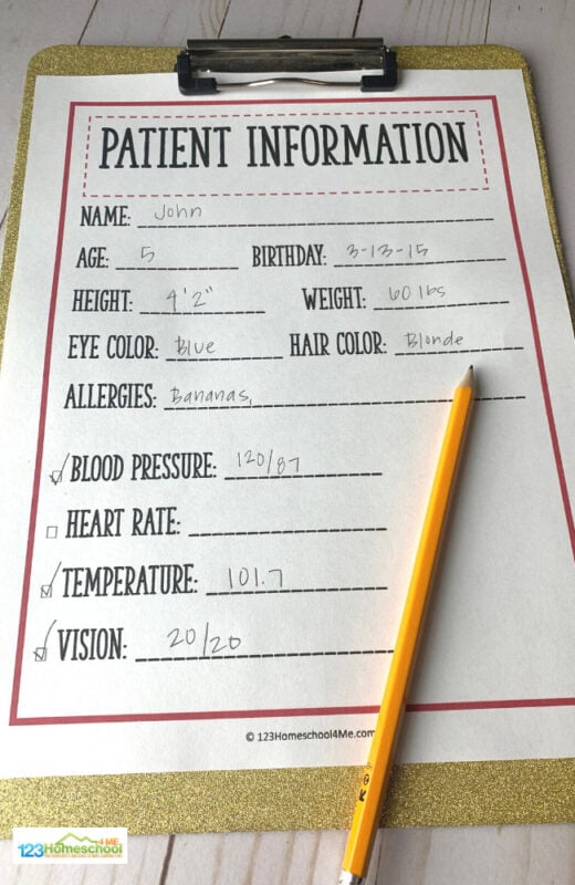 Patient Information Record Sheet includes contact info, allergies, blood pressure, heart rate, temperature, vision, and more. doctor printables for kids including patient information sheet for students to write down contact information, allergies, and vital signs.