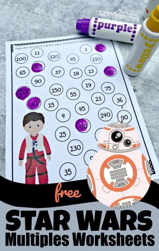 Head to a galaxy far, far away to practice identifying multiplies by skip counting by 2s, 3s, 4s, 5s, and 10s. These super cute, free printable, multiples worksheet pages have a fun Star Wars theme to appeal to first grade, 2nd grade, and 3rd graders too. You can use dot markers, crayons, sticers or magnets to complete these star wars worksheets! Simply print the multiples for kids worksheets and you are ready to play and learn!