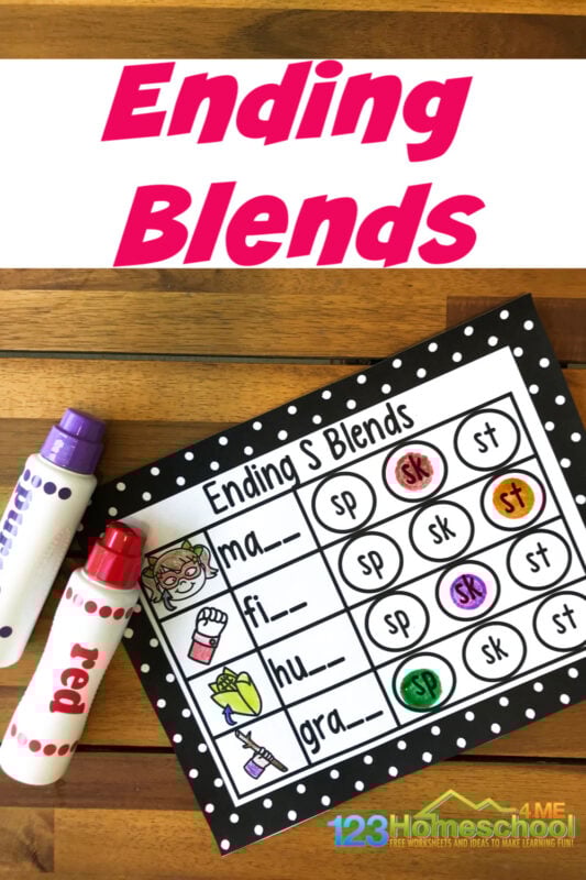 Help children practice ending blends for kids with these super cute, free printable ending blends worksheet pages that use bingo dauber markers. These final consonant blends worksheets work on s blends with a fun do a dot printables. This s blends worksheet is perfect for kindergarten, first grade, and even 2nd graders as review. Simply print final blends worksheets and you are ready to play and learn with a s blends activity.