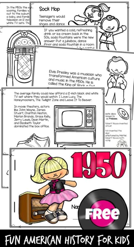 Help kids learn what life in the 50s was like with this free history printables that explores the 1950s for Kids. From Elvis Presley, jukeboxes, soda shops, sock hop, Rosa Parks, poodle skirts, and famous inventions like Mr. Potato Head, frisbees, white out, micro chips, Barbie, and more - this life in the 50s make history for kids fun as they color, read, and learn about American History for kids. Use this life in the 1950s resource with pre k, kindergarten, first grade, 2nd grade, 3rd grade, 4th grade, 5th grade, and 6th grade students.