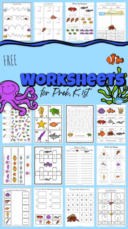 Make practicing numbers, letters, counting, and literacy FUN with these ocean worksheets. These free printable ocean worksheets for preschool, pre-k, kindergarten, first grade, and 2nd grade students are perfect for exploring the amazing creatures that live under the sea while learning a variety of skills.  Simply print the ocean printables and you are ready for your upcoming ocean theme with lots of no-prep ocean activities.