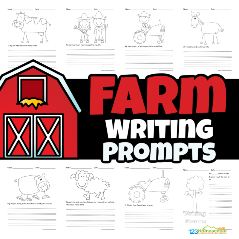 Make writing fun for kids with these free printable creative writing prompts about farm life, perfect for children in kindergarten through 4th grade to spark their imagination and enhance their writing skills!