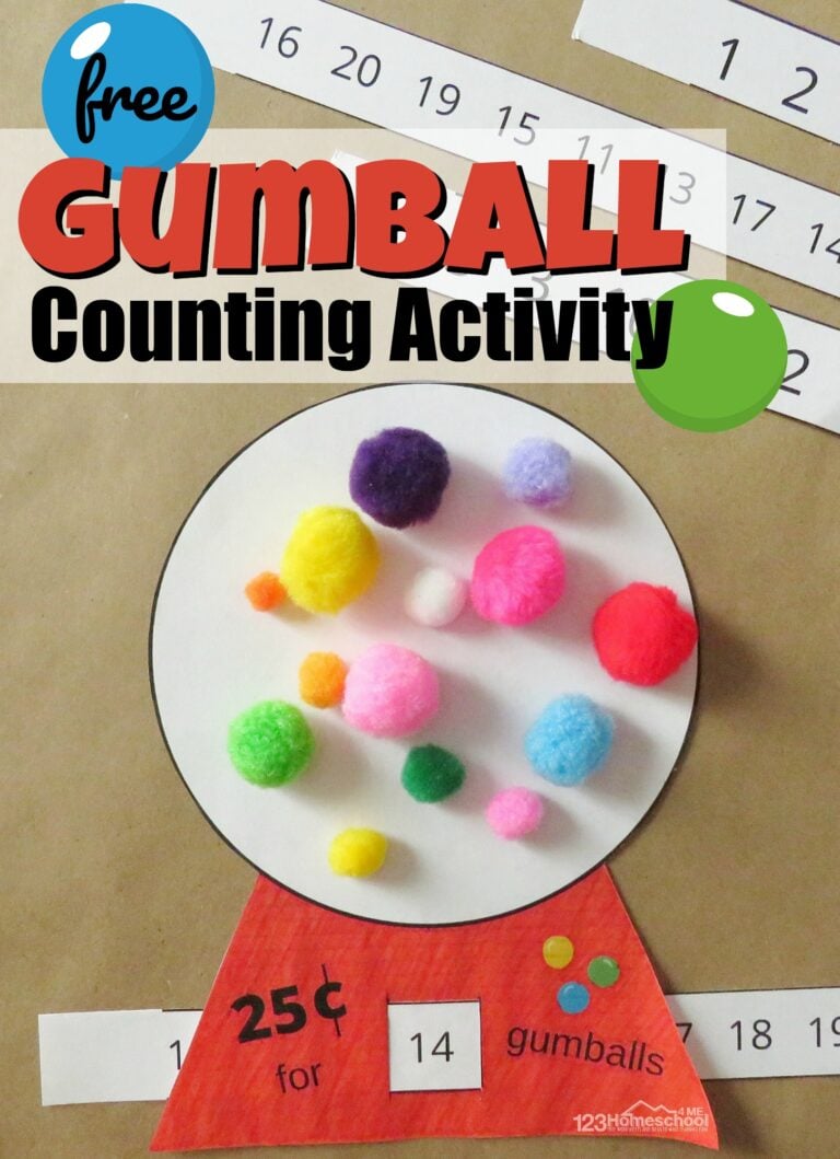 This super clever, hands-on math activity is lots of FUN for toddler, preschool, pre k, and kindergarten age students! Use colorful pom poms, marbles, playdough balls, or actual candy gumballs with our gumball machine free printable for a sweet counting activity. Candy-lovers everywhere, unite and count to 20!