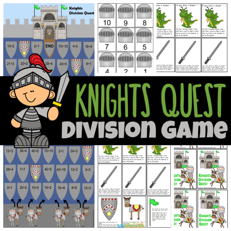 Make practicing division exciting for kids in grades 3 to 6 with the Knight's Quest printable game, which combines a fun middle ages theme with engaging division activities!