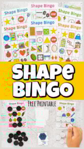 Make learning about shapes for kids fun with this super cute, Shape Bingo. This shape game will help kids go from knowing basic shapes to seeing them in the world around them. Use this shape activity for applying math with toddler, preschool, pre-k, kindergarten, and first grade students. Simply print free shapes printables and you are ready to play and learn with a shapes bingo!