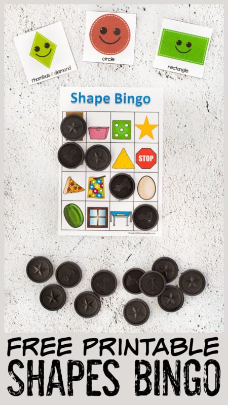 Make learning about shapes for kids fun with this super cute, Shape Bingo. This shape game will help kids go from knowing basic shapes to seeing them in the world around them. Use this shape activity for applying math with toddler, preschool, pre-k, kindergarten, and first grade students. Simply print free shapes printables and you are ready to play and learn with a shapes bingo!