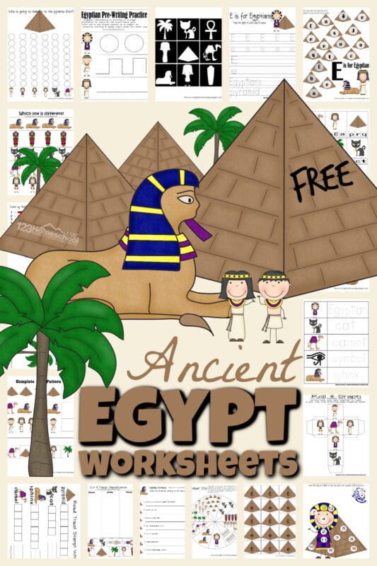 Kids will have a blast practicing their alphabet letters, numbers, math and more with fun Ancient Egypt Worksheets. These ancient egypt free printables are great for toddler, preschool, pre-k, kindergarten, and first grade students to get a taste for a fascinating time filled with amazing pyramids, sphynx, mummies, pharoahs, vast deserts, and more. Simply print ancient egypt printable worksheets pdf file with and you are ready to have fun learning about ancient egypt for kids!