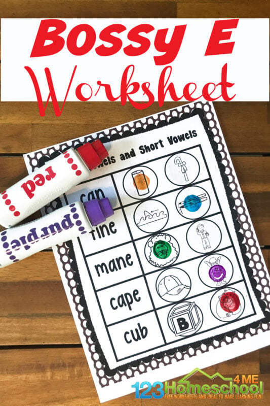 Is your child working on distinguishing between short vowel and long vowel words? The skills of deciphering long and short vowels is an important phonics skill that will help your kindergarten, first grade, and 2nd grade student learn to read. These magic e worksheets free are perfect for practicing with no-prep silent e worksheets with dot markers. Print the pdf file with these super cute, free printable bossy e worksheets to help students practice identifying silent e and magic e in words (long vowels ).