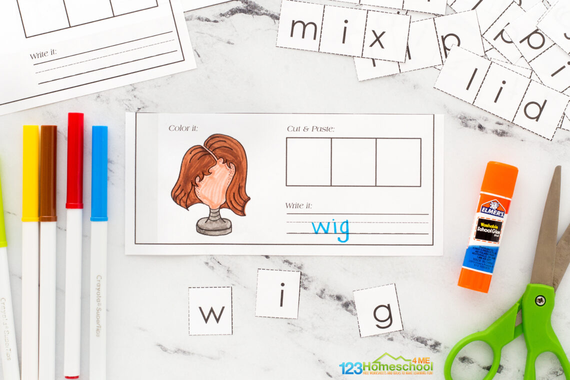 FREE Printable Short i CVC Words Cut and Paste Worksheets
