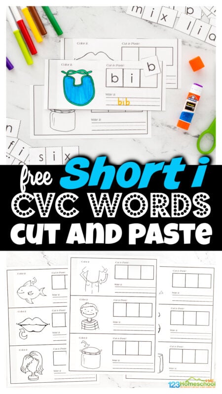 Kids will have fun practicing reading, spelling, and writing short i words with this super cute, free printable cvc cut and paste worksheets. Begin the cvc cut and paste by coloring the clipart images and staple the pages together to make short i booklet. This is such a fun way to to help preschool, pre-k, kindergarten, and first grade students improve phonemic awareness, sounding words out, and phonics skills. Print the cvc worksheets cut and paste pdf and practice reading 17 different words.