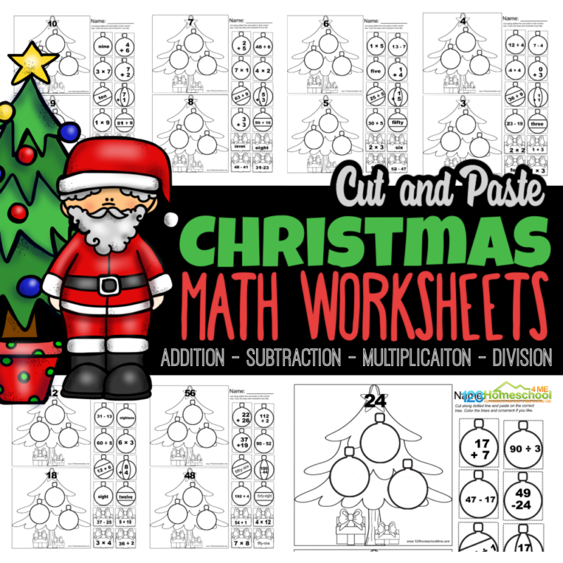 Download these fun and free Christmas math worksheets for grades 2 to 6 to keep kids engaged with addition, subtraction, multiplication, and division while they decorate Christmas trees!