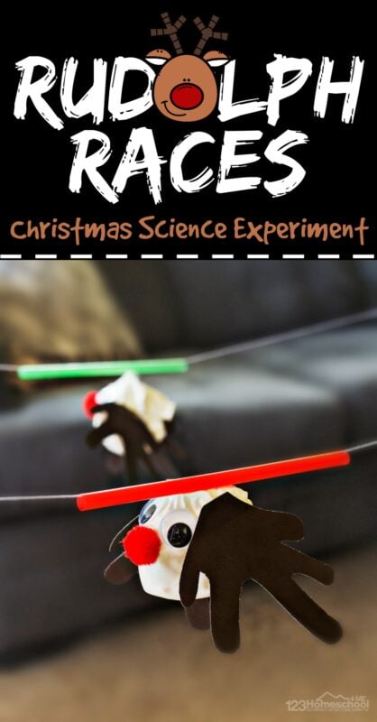 This fun Rudolph Race Game is both an outrageously fun Christmas game for kids and a chance to sneak in  Christmas STEM Activities! This easy-to-set-up Rudolph Races is a Christmas Activity for toddler, preschool, pre-k, kindergarten, first grade, 2nd grade, 3rd grade, 4th grade, 5th grade, and 6th grade students that teaches a little physics while having FUN! This Christmas science experiment is perfect for the whole family!