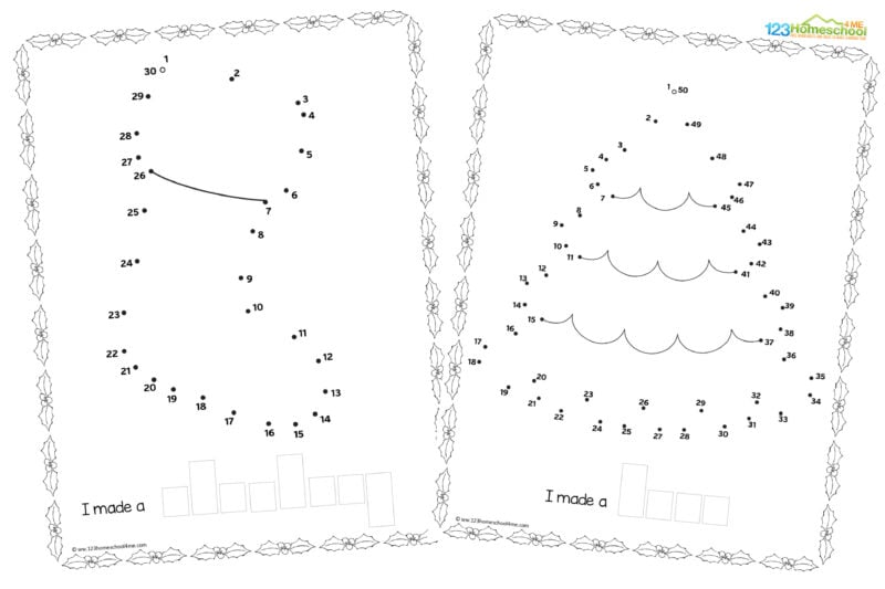 The Christmas connec the dot pages included are: bell candy cane ornament sleigh snowman star stocking tree