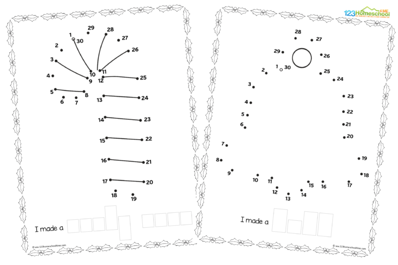Get ready to make math FUN this December with these free Christmas Dot to Dot. Simply print the pages you want to work on: counting to 10, counting to 20, counting to 30, counting to 40, or counting to 50. Each page in these Christmas dot to dot printables features a Christmas picture such as a tree, snowman, candy cane, bell, ornament ball, and more. When preschoolers and kindergartens have finished connecting the dots, they can write the item they revealed in the boxes below and use crayons to colour the free Christmas Worksheet.