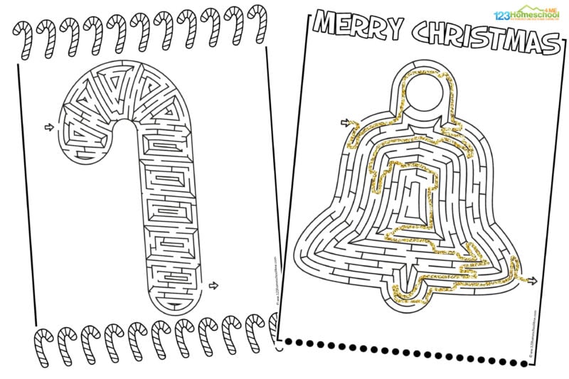 free christmas maze printable of candy cane and holiday bell 