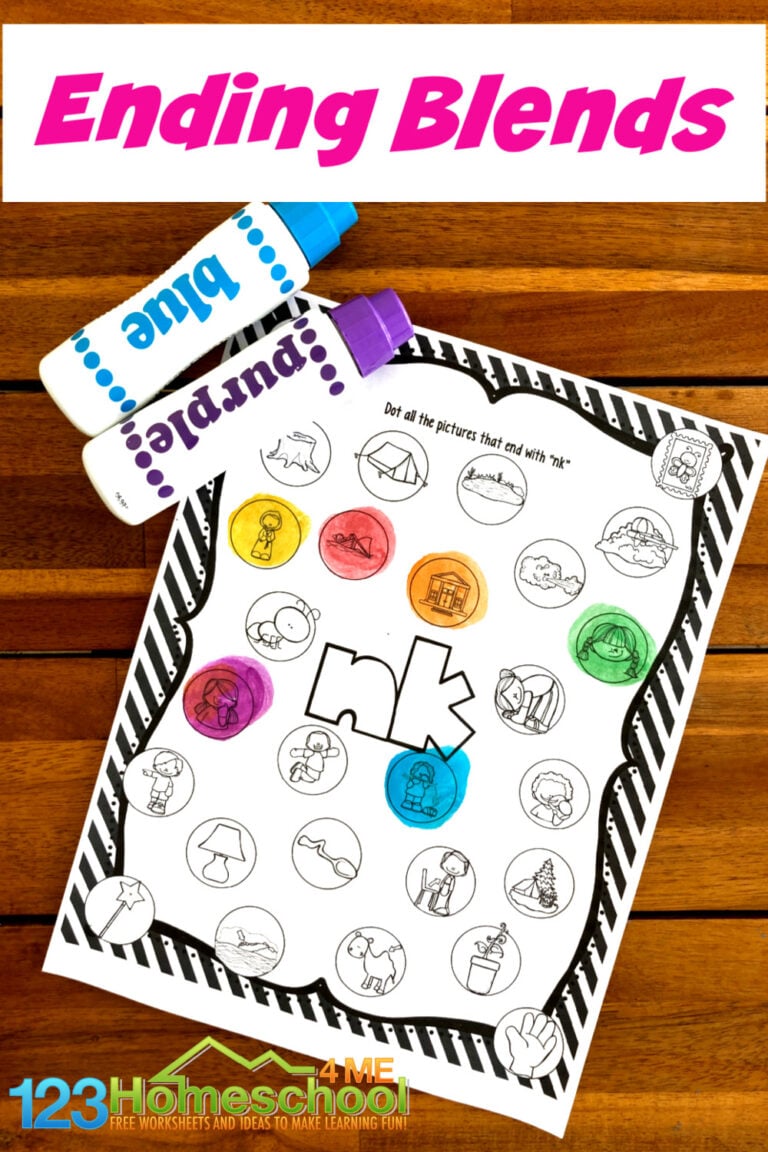 Many times our kiddos need to hear words and play with the sounds before we can expect them to read them. These free printable ending blends worksheets allow children listening to words with N blends before they are expected to read or spell them. These first grade worksheets us bingo dauber markers to make them extra fun. Simply download pdf fie with do a dot printables and you are ready to work on phonics skills with kindergarten, 1st grade, and 2nd grade students.