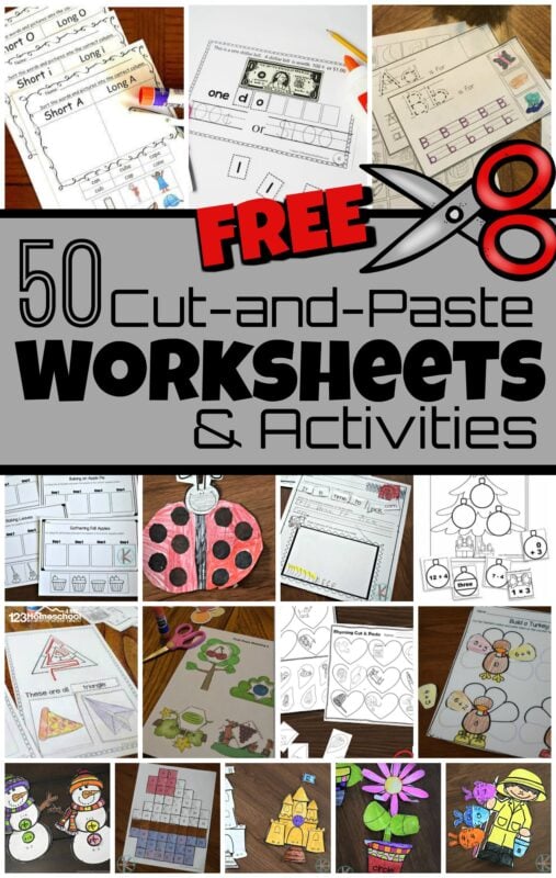 Cut and paste worksheets give kids a hands-on way to practice a variety of skills. These free cut and paste worksheets include reading, math, science and more. These cut and paste activities are perfect for preschool, pre-k, kindergarten, first grade, 2nd grade, 3rd grade, and 4th graders. 