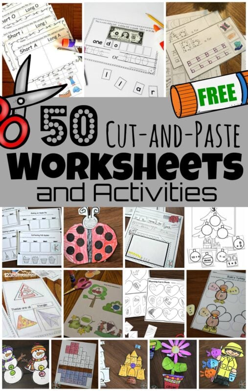 Cut and paste worksheets give kids a hands-on way to practice a variety of skills. These free cut and paste worksheets include reading, math, science and more. These cut and paste activities are perfect for preschool, pre-k, kindergarten, first grade, 2nd grade, 3rd grade, and 4th graders.