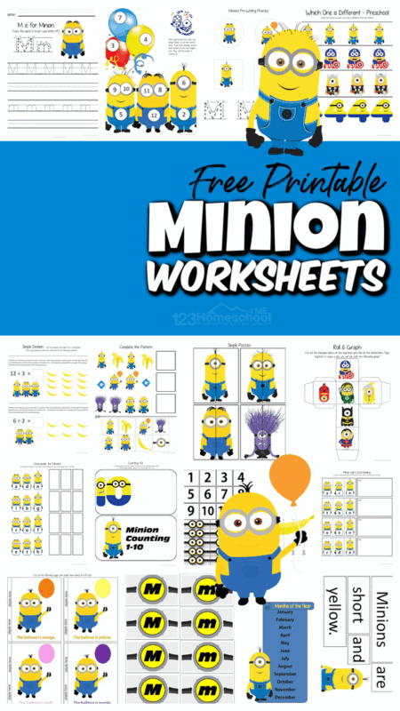 Kid are going to have fun practicing their letters, numbers, adding, sight words, and more with these super cute, Minion Worksheets! These minion printables are perfect for toddler, preschool, pre-k, kindergarten, and first grade students. Children will practice a variety of math and literacy skills while having fun with silly yellow minion friends using these free minion printables. Simply print pdf file with minions activity sheets and you are ready to make learning fun with preschool worksheets of your child's favorite cartoon character from the Despicable Me movies!
