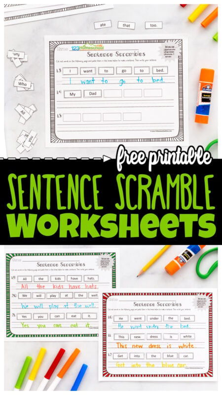 Help kids practice building sentences with sentence scramble! The free printable sentence scramble worksheet pack allows kindergarten, first grade, and 2nd graders to practice building sentences one-word-at-a-time. Each of the  Scrambled sentences worksheet cut and paste have a word with a capital letter and a word that ends with punctuation for children to unscramble. The Unscramble Sentences Worksheet pages include  pre-primer and primer sight words to make it easy for children to read the words on the pages. Simply print Scrambled sentences worksheet cut and paste pdf file and you are ready to play and learn!