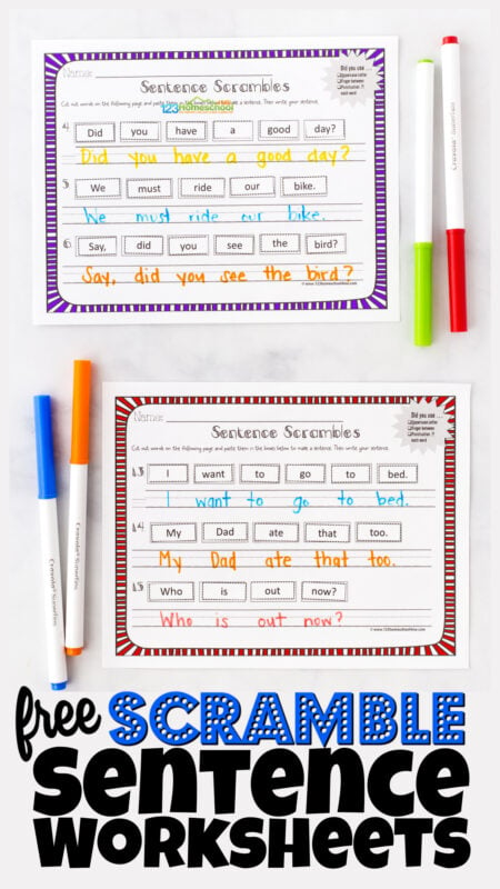 Practice making sentences with FREE printable cut-and-paste sentence scramble worksheets using sight words. Unscramble fun for grade 1!