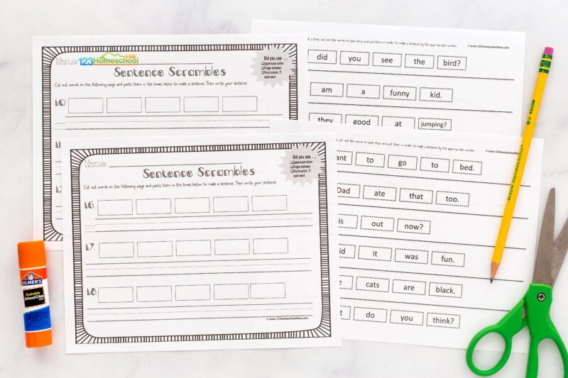 Practice making sentences with FREE printable cut-and-paste sentence scramble worksheets using sight words. Unscramble fun for grade 1!