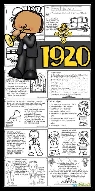 Learn all about the Roaring Twenties with this fun 1920s for Kids Reader. This 20s printables are a great way to work on reading skills while learning about american history for kids. Use this free printable as part of a famous person,  History or 1920s study for preschool, pre k, kindergarten, first grade, 2nd grade, 3rd grade, 4th grade, and 5th grade students. Simply download pdf file with the roaring twenties worksheet to learn about life in the 1920s.
