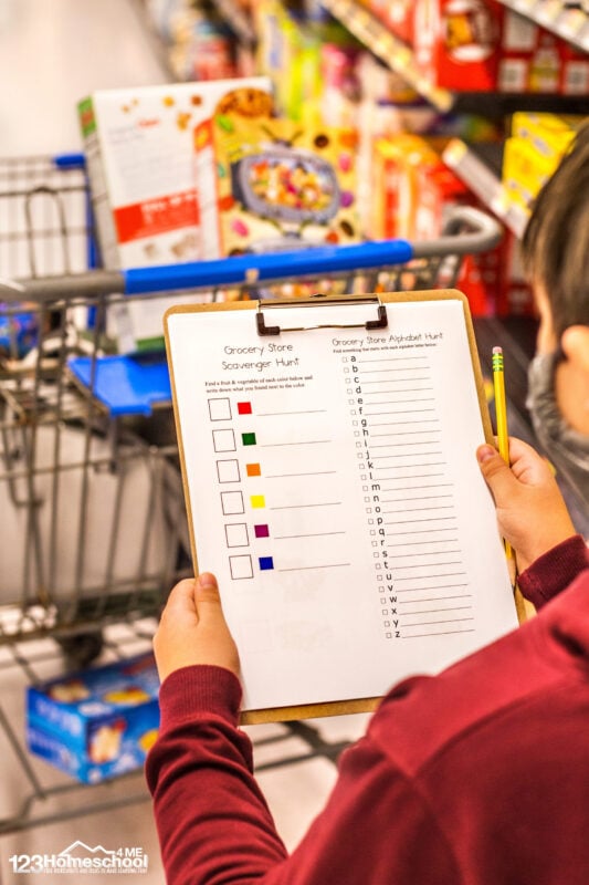 Kids will not only have fun at the grocery store, but they will learn with thsis FREE printable grocery store scavenger hunt for kids. This grocery store scavenger hunt worksheet is perfect for toddler, preschool, pre-k, kindergarten, first grade, 2nd grade, 3rd grade, and 4th grade students as there are many options.  Younger children can look for items of a certain color or a specific list while elementary age students can do an ABC grocery store scavenger hunt or find items from around the country or world. There are also pages for comparing pricing, cost of shopping trip, and a blank grocery store list. SImply download pdf file with grocery shopping worksheets and you are ready to learn while having fun with a educational kids activity shopping.