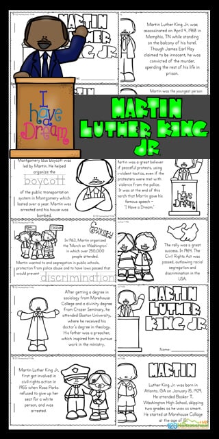 Learn about the famous freedom fighter martin luther king jr for kids with this free printable to read, color, and learn. January 18th is Martin Luther King Jr Day which is a great time for learning about  a person who made a difference in this world. Use these martin luther king jr worksheets by their own ormake a reader to go along with Black History Month for Kids, American History for kids, or a 1950s study for preschool, pre k, kindergarten, first grade, 2nd grade, 3rd grade, 4th grade, and 5th grade students. SImply download pdf file with free martin luther king worksheets and you are ready to make history come alive for elementary age children.