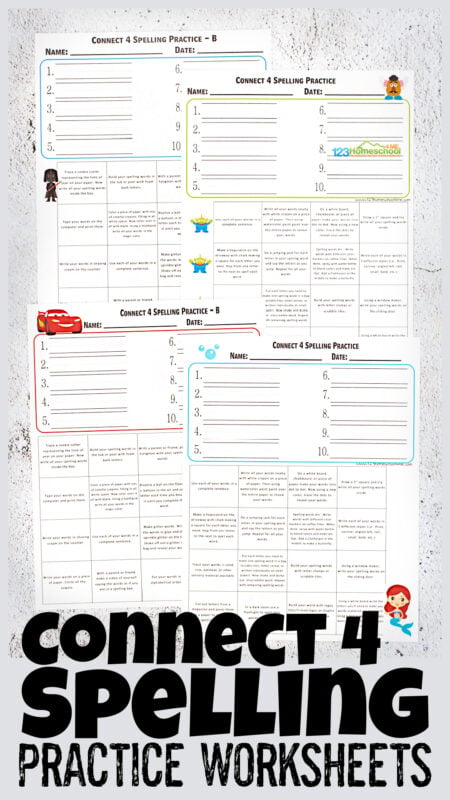 I am always looking for fun spelling games to help my kids practice school spelling words. I came up with this free printable spelling practice worksheets that have a fun connect 4 theme to make practicing spelling words engaging! There are lots of different themes in these spelling worksheets to appeal to kindergarten, first grade, 2nd grade, 3rd grade, 4th grade, 5th grade, and 6th grade students including monsters ink, toy story friends, lightening mcqueen, princesses, little mermaid, and so many more. Simply print pdf file with spelling printables and you are ready to write and practice your weekly spelling words. There are 16 clever ideas for practicing spelling words on each sheet!