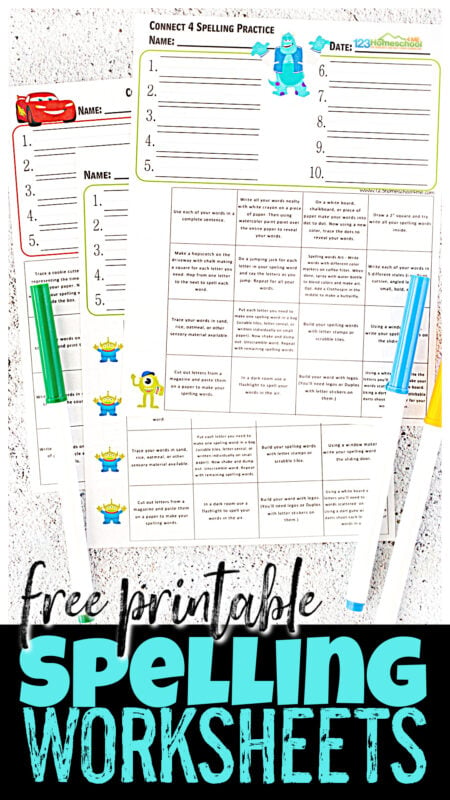 I am always looking for fun spelling games to help my kids practice school spelling words. I came up with this free printable spelling practice worksheets that have a fun connect 4 theme to make practicing spelling words engaging! There are lots of different themes in these spelling worksheets to appeal to kindergarten, first grade, 2nd grade, 3rd grade, 4th grade, 5th grade, and 6th grade students including monsters ink, toy story friends, lightening mcqueen, princesses, little mermaid, and so many more. Simply download pdf file with spelling printables and you are ready to write and practice your weekly spelling words. There are 16 clever ideas for practicing spelling words on each sheet!