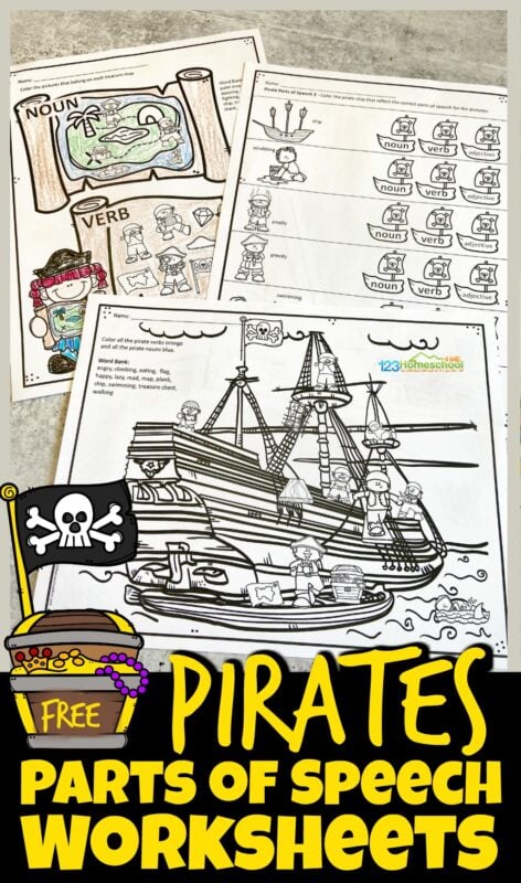 These super cute, clever, and FUN Pirate Parts of Speech Worksheets are a great way to help students practice identifying nouns, verbs, and adjectives while having fun. Each of these pirate worksheets has a different activity to practice identifying parts of speech. These worksheets parts of speech are perfect for first grade, 2nd grade, 3rd grade, 4th grade, 5th grade, and 6th graders. Simply download pdf file with parts of speach worksheets and get ready to have fun playing and learning!