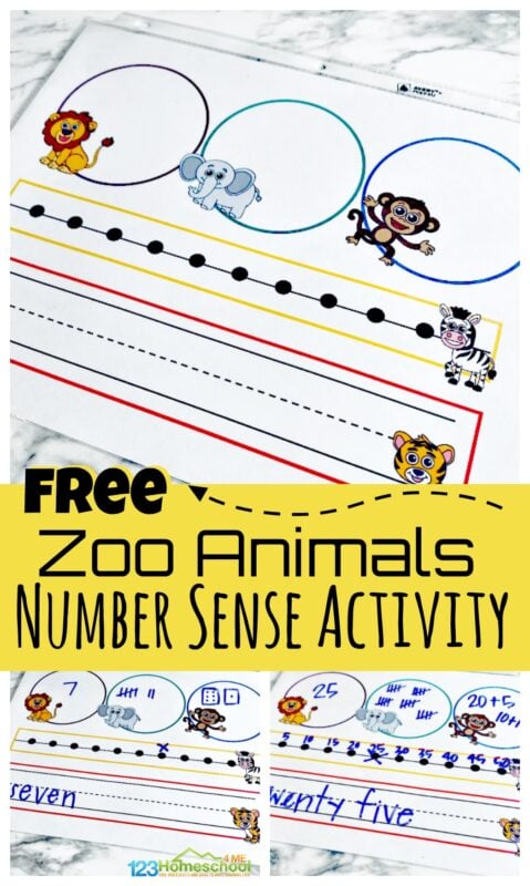 If you are looking for a fun idea for teaching number sense, you will love these super cute free zoo printables that are a hands-on Number Sense Activitiy.  Use thesenumber sense worksheets with preschool, pre-k, and kindergarten age student as they learn how number word, tally marks, sum of numbers, and numberals can all represent the same number.